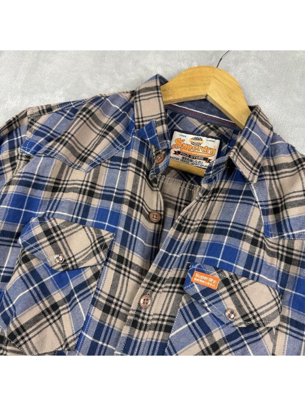 Superdry Plaid Flannel Shirt Mens M Blue Beige Button Up Lumberjack Y2K Retro